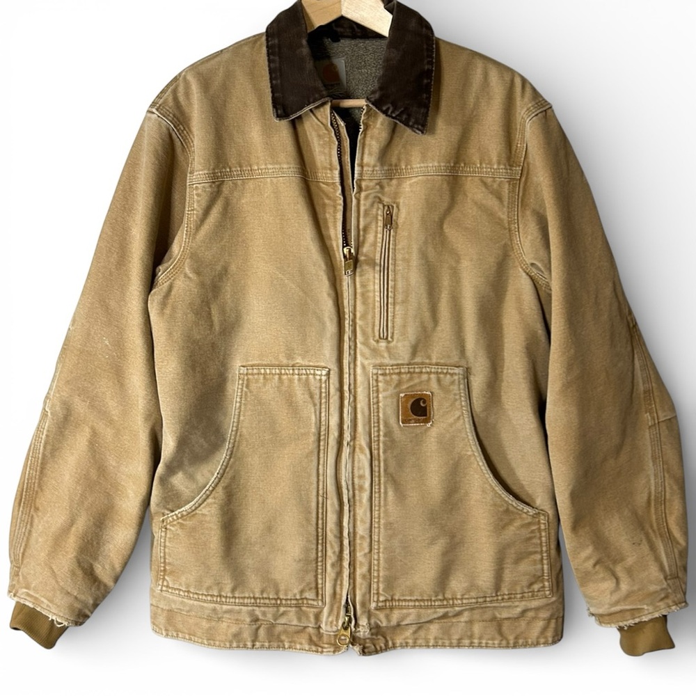 Vintage Carhartt Duck Jacket Sherpa Lined Distressed Workwear Coat L - Picture 3 of 16